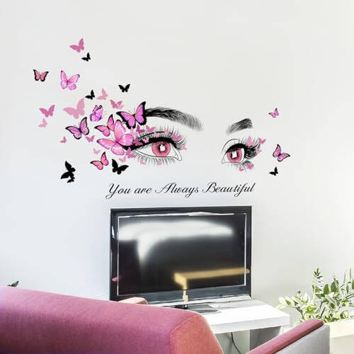 Beautiful Eyelash Eyes Wall Stickers Flying Butterfly Wall Decals You are Always Beautiful Quotes Wall-Decor Vinyl Art Butterflies Decor Stickers for Women Girls Bedroom Living Room Decor - 4