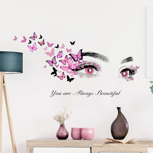 Beautiful Eyelash Eyes Wall Stickers Flying Butterfly Wall Decals You are Always Beautiful Quotes Wall-Decor Vinyl Art Butterflies Decor Stickers for Women Girls Bedroom Living Room Decor - 5