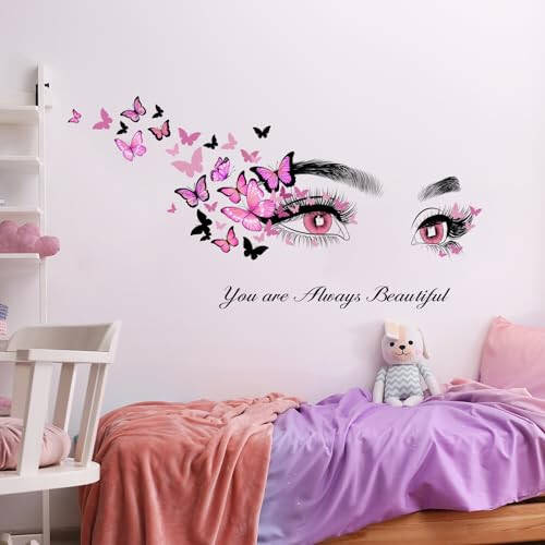 Beautiful Eyelash Eyes Wall Stickers Flying Butterfly Wall Decals You are Always Beautiful Quotes Wall-Decor Vinyl Art Butterflies Decor Stickers for Women Girls Bedroom Living Room Decor - 6