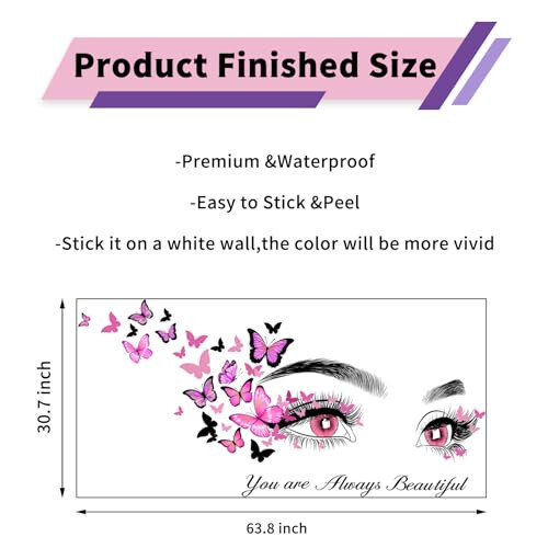 Beautiful Eyelash Eyes Wall Stickers Flying Butterfly Wall Decals You are Always Beautiful Quotes Wall-Decor Vinyl Art Butterflies Decor Stickers for Women Girls Bedroom Living Room Decor - 7