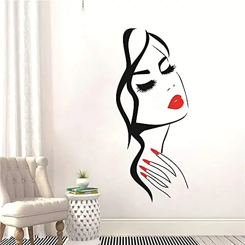 Beauty Salon Wall Decal – Girl Face & Red Lips Art Sticker for Barber Shop, Nail Salon, and Home Decor – Removable Vinyl Mural for Hairstyle Decoration M-73 (Black +Pink Lips, 40X90CM) - 1