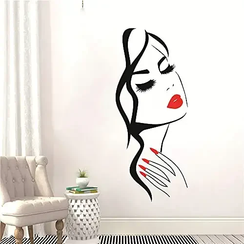 Beauty Salon Wall Decal – Girl Face & Red Lips Art Sticker for Nail Salon, Barber Shop, and Home Decor – Removable Vinyl Mural for Hairstyle & Manicure Decoration M-73 (Black+ fire red Lips, 40X90CM) - MODAZONE