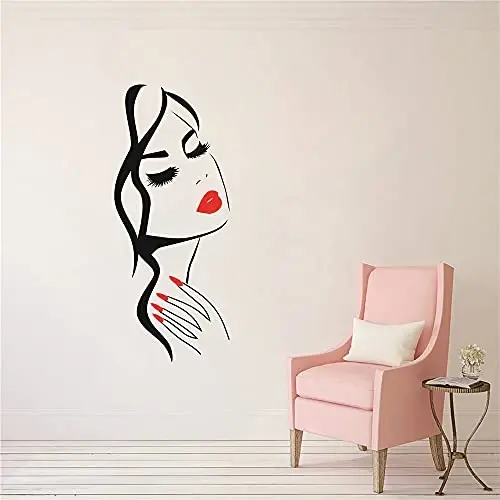 Beauty Salon Wall Decal – Girl Face & Red Lips Art Sticker for Nail Salon, Barber Shop, and Home Decor – Removable Vinyl Mural for Hairstyle & Manicure Decoration M-73 (Black+ fire red Lips, 40X90CM) - 4