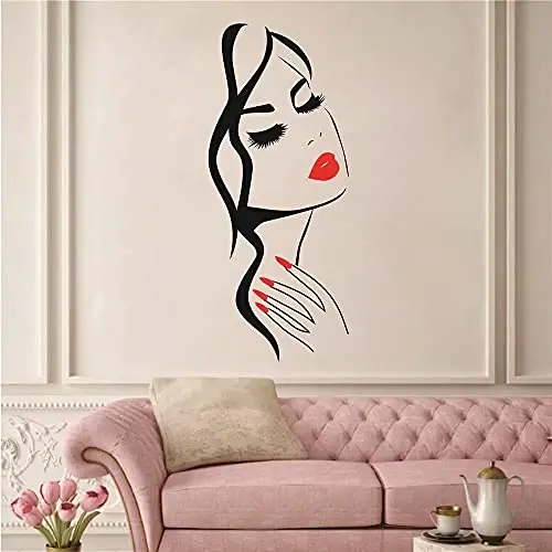 Beauty Salon Wall Decal – Girl Face & Red Lips Art Sticker for Nail Salon, Barber Shop, and Home Decor – Removable Vinyl Mural for Hairstyle & Manicure Decoration M-73 (Black+ fire red Lips, 40X90CM) - 5