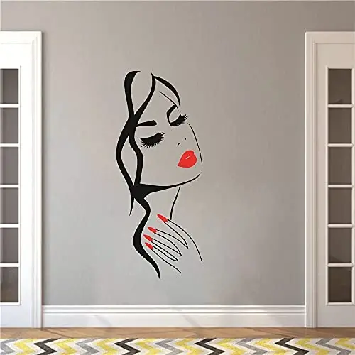 Beauty Woman Face Wall Decal, Salon Lady Makeup Silhouette Wall Art | Girl Face & Red Lips Art Sticker, For Nail Salon, Barber Shop, and Home Decor, Removable Vinyl Mural - 6