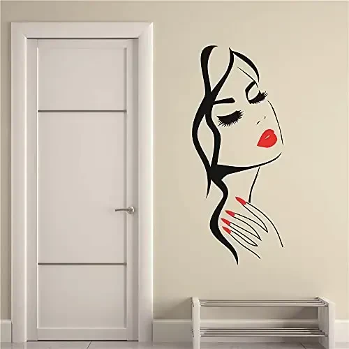 Beauty Salon Wall Decal – Girl Face & Red Lips Art Sticker for Barber Shop, Nail Salon, and Home Decor – Removable Vinyl Mural for Hairstyle Decoration M-73 (Black +Pink Lips, 40X90CM) - MODAZONE (1)