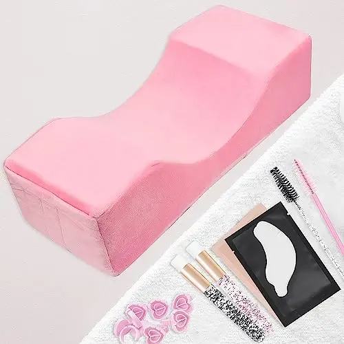 Beauty Salon Eyelash Extension Velvet Lash Pillow Beauty Salon Memory Foam Neck Pillow for Lash Extension Grafting Make Up Side Pockets for Tools(Pink) - 3