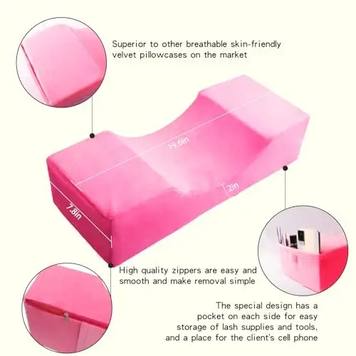 Beauty Salon Eyelash Extension Neck Pillow - Comfortable Velvet Beauty Memory Foam Pillow,Eyelash Pillow Grafted Eyelash Curve Pillow with Makeup Pocket to Protect Neck（Rose Pink） - 2