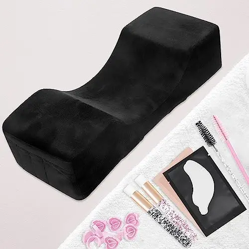 Beauty Salon Eyelash Extension Velvet Lash Pillow Beauty Salon Memory Foam Neck Pillow for Lash Extension Grafting Make Up Side Pockets for Tools(Black) - 2