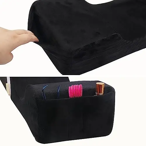 Beauty Salon Eyelash Extension Velvet Lash Pillow Beauty Salon Memory Foam Neck Pillow for Lash Extension Grafting Make Up Side Pockets for Tools(Black) - 4