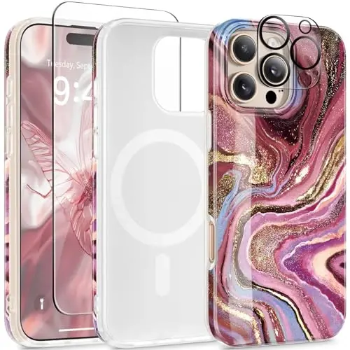 GVIEWIN Marble for 16 Pro Case Compatible with MagSafe, [with Screen Protector&Camera Lens Protector], Military-Grade Protection Shockproof Women Magnetic Phone Cover (Eudialyte/Pink) - 1