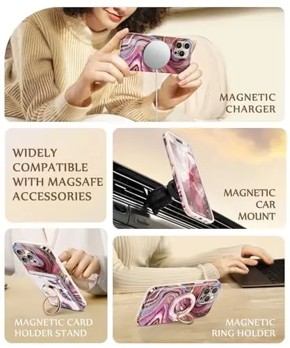 GVIEWIN Marble for 16 Pro Case Compatible with MagSafe, [with Screen Protector&Camera Lens Protector], Military-Grade Protection Shockproof Women Magnetic Phone Cover (Eudialyte/Pink) - 6