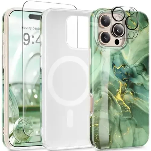 GVIEWIN Marble for 16 Pro Case Compatible with MagSafe, [with Screen Protector&Camera Lens Protector], Military-Grade Protection Shockproof Women Magnetic Phone Cover (Desert Dream/Green) - 1