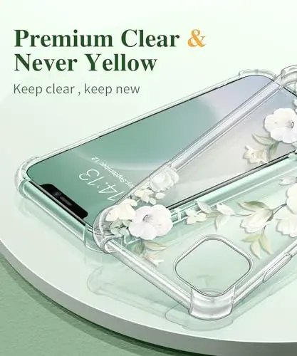 GVIEWIN Чехол для iPhone 11 с цветочным принтом, с защитной пленкой для экрана и защитой объектива камеры, [не желтеющий] мягкий противоударный прозрачный защитный чехол для женщин, дизайн с цветочным узором 6,1 дюйма (гибискус/зеленый) - 3