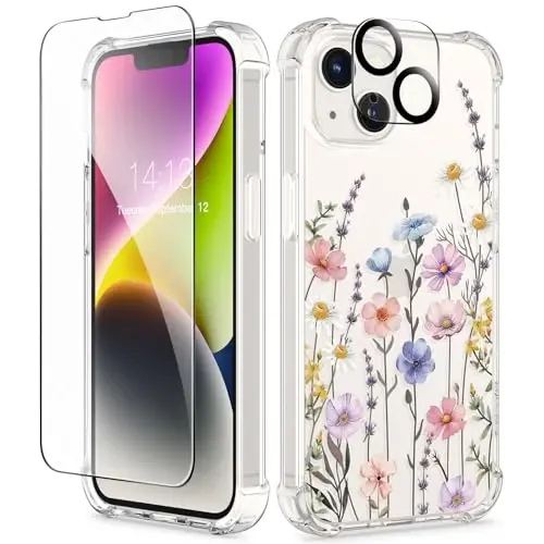 GVIEWIN Чехол для iPhone 14 Plus с цветочным принтом, защитой экрана и объектива камеры, [не желтеющий] мягкий противоударный прозрачный защитный чехол для женщин, дизайн с цветами 6,7