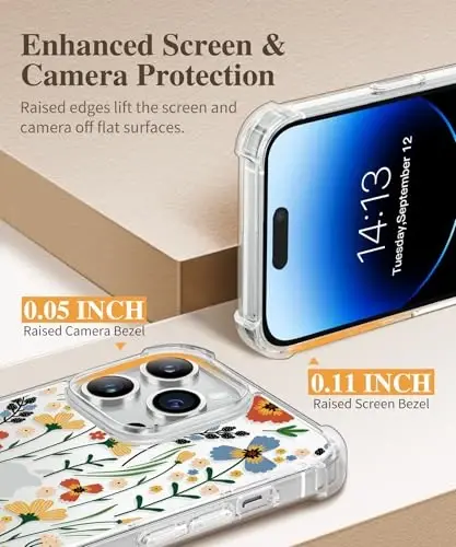 GVIEWIN Чехол для iPhone 14 Pro Max с цветочным принтом, защитным экраном и защитой объектива камеры, [не желтеющий] мягкий противоударный прозрачный защитный чехол для телефона для женщин, цветочный узор 6,7 дюйма (Blooming Flowerets) - 5