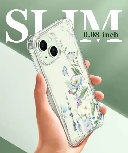 GVIEWIN Чехол для iPhone 15, цветочный, с защитным экраном и защитой объектива камеры, [Не желтеющий], мягкий ударопрочный прозрачный защитный чехол для телефона для женщин, с узором в виде цветов, 6,1 дюйма (Аквилегия/Белый) 