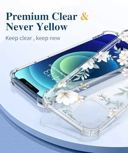 GVIEWIN чехол для iPhone 16 Pro, с защитной пленкой и защитой объектива камеры, защита военного класса, прозрачный противоударный тонкий цветочный женский чехол для iPhone 16 Pro, магнолия/белый - 3