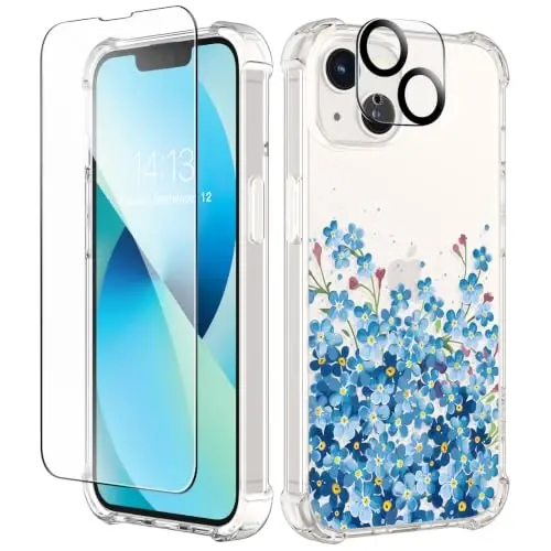 GVIEWIN для чехла iPhone 13 с цветочным принтом, с защитной пленкой для экрана и защитной линзой камеры, [Не желтеющий], Мягкий ударопрочный прозрачный защитный чехол для телефона для женщин, Дизайн с цветочным узором 6,1 дюйма (Незабудка/Синий) - GVIEWIN