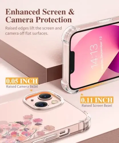GVIEWIN для чехла iPhone 13 с цветочным принтом, с защитной пленкой для экрана и защитной пленкой для объектива камеры, [Не желтеющий] Мягкий противоударный прозрачный защитный чехол для телефона для женщин, с узором из цветов 6,1 дюйма (Розовый вуаль/Розовый) - 5
