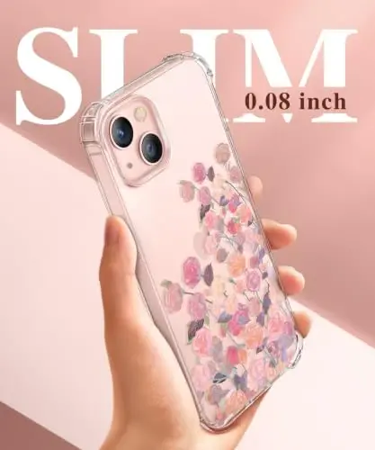GVIEWIN для чехла iPhone 13 с цветочным принтом, с защитной пленкой для экрана и защитной пленкой для объектива камеры, [Не желтеющий] Мягкий противоударный прозрачный защитный чехол для телефона для женщин, с узором из цветов 6,1 дюйма (Розовый вуаль/Розовый) 