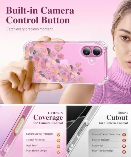 GVIEWIN для чехла iPhone 16 с цветочным принтом, с защитной пленкой для экрана и объектива камеры, [не желтеющий] мягкий противоударный прозрачный защитный чехол для телефона для женщин, с цветочным рисунком 6,1 дюйма (Rosette Veil/Розовый) - 5