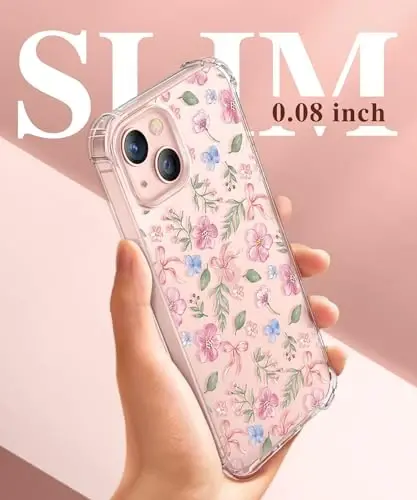 GVIEWIN для чехла на iPhone 13 с цветочным принтом, с защитной пленкой для экрана и защитой объектива камеры, [не желтеющий] мягкий противоударный прозрачный защитный чехол для телефона для женщин, с цветочным узором 6,1 дюйма (Блаженство/Розовый) - 1