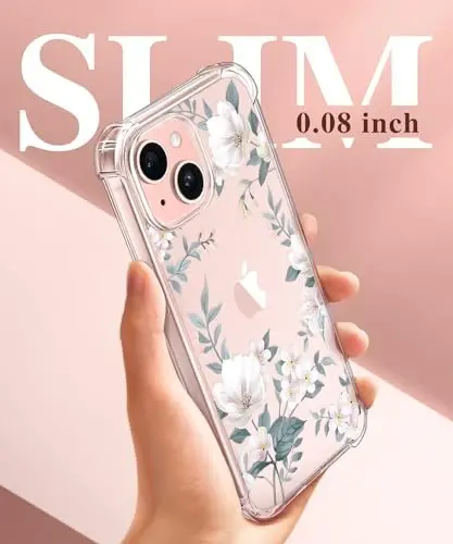GVIEWIN для чехла на iPhone 15 Цветочный, с защитным экраном и защитой объектива камеры, [Не желтеющий] Мягкий противоударный прозрачный защитный чехол для телефона для женщин, с узором в виде цветов, 6,1 дюйма (Магнолия/Белый) 