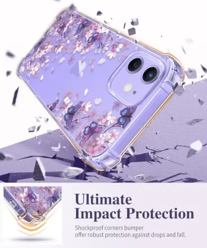 GVIEWIN для iPhone 12 и iPhone 12 Pro Чехол Цветочный, с защитным экраном и защитным стеклом для объектива камеры,[Не желтеющий] Мягкий противоударный прозрачный защитный чехол для телефона для женщин, Цветочный узор 6,1 дюйма (Мечта/Фиолетовый) - 4