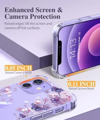 GVIEWIN для iPhone 12 и iPhone 12 Pro Чехол Цветочный, с защитным экраном и защитным стеклом для объектива камеры,[Не желтеющий] Мягкий противоударный прозрачный защитный чехол для телефона для женщин, Цветочный узор 6,1 дюйма (Мечта/Фиолетовый) - 5