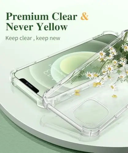 GVIEWIN для iPhone 12 и iPhone 12 Pro, чехол с цветочным принтом, с защитной пленкой для экрана и защитой объектива камеры, [не желтеющий], мягкий противоударный прозрачный защитный чехол для телефона для женщин, с узором в виде цветов, 6,1 дюйма (ромашка/зеленый) - 3
