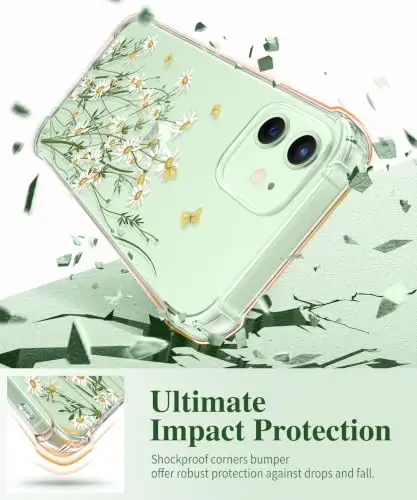 GVIEWIN для iPhone 12 и iPhone 12 Pro, чехол с цветочным принтом, с защитной пленкой для экрана и защитой объектива камеры, [не желтеющий], мягкий противоударный прозрачный защитный чехол для телефона для женщин, с узором в виде цветов, 6,1 дюйма (ромашка/зеленый) - 4