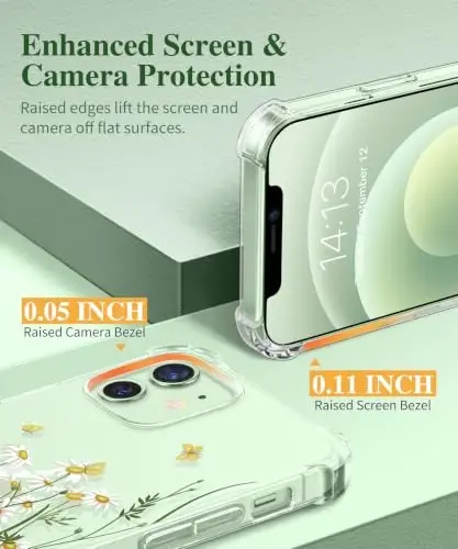 GVIEWIN для iPhone 12 и iPhone 12 Pro, чехол с цветочным принтом, с защитной пленкой для экрана и защитой объектива камеры, [не желтеющий], мягкий противоударный прозрачный защитный чехол для телефона для женщин, с узором в виде цветов, 6,1 дюйма (ромашка/зеленый) - 5