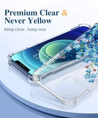 GVIEWIN для iPhone 12 и iPhone 12 Pro, чехол с цветочным принтом, с защитной пленкой для экрана и защитой объектива камеры, [не желтеющий], мягкий противоударный прозрачный защитный чехол для женщин, с цветочным узором 6,1 дюйма (Лимониум/Синий) - 3