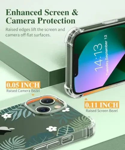 GVIEWIN для iPhone 13 Чехол с цветочным принтом, с защитной пленкой для экрана и защитой объектива камеры, [Не желтеющий] Мягкий противоударный прозрачный защитный чехол для телефона для женщин, дизайн с цветочным узором 6,1 дюйма (Лесной зеленый/Лесной полог) - 5