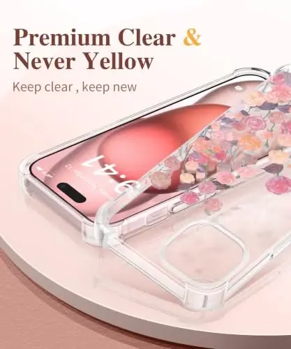 GVIEWIN для iPhone 15 Plus Чехол с цветочным принтом, с защитной пленкой для экрана и защитной линзой камеры, [Не желтеющий] Мягкий противоударный прозрачный защитный чехол для женщин, с узором в виде цветов 6,7