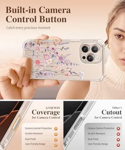 GVIEWIN для iPhone 16 Pro, чехол с защитной пленкой и защитой объектива камеры [Не желтеет] Тонкий противоударный прозрачный цветочный чехол для телефона для женщин, 6,3'' (Floratopia/Разноцветный) - GVIEWIN (1)
