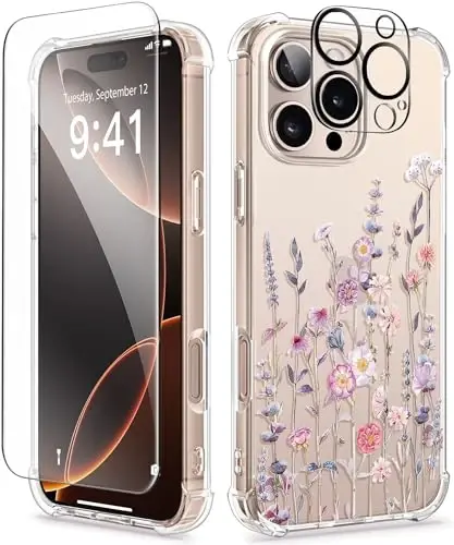 GVIEWIN для iPhone 16 Pro, чехол с защитной пленкой и защитой объектива камеры [Не желтеет] Тонкий противоударный прозрачный цветочный чехол для телефона для женщин, 6,3'' (Floratopia/Разноцветный) 