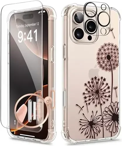 GVIEWIN для iPhone 16 Pro, чехол с защитой экрана и камеры, защита военного класса, прозрачный противоударный тонкий цветочный женский чехол для iPhone 16 Pro, одуванчик/черный - GVIEWIN