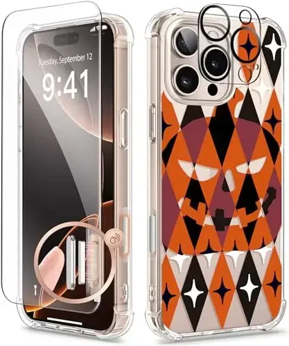 GVIEWIN для iPhone 16 Pro, с защитной пленкой и защитой камеры, защита военного уровня, прозрачный противоударный тонкий цветочный женский чехол для iPhone 16 Pro, тыква/оранжевый - GVIEWIN