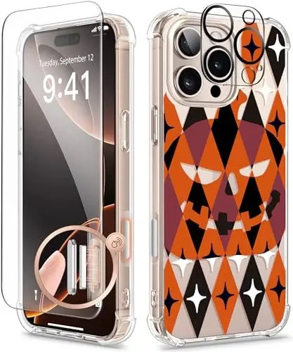 GVIEWIN для iPhone 16 Pro, с защитной пленкой и защитой камеры, защита военного уровня, прозрачный противоударный тонкий цветочный женский чехол для iPhone 16 Pro, тыква/оранжевый - 1