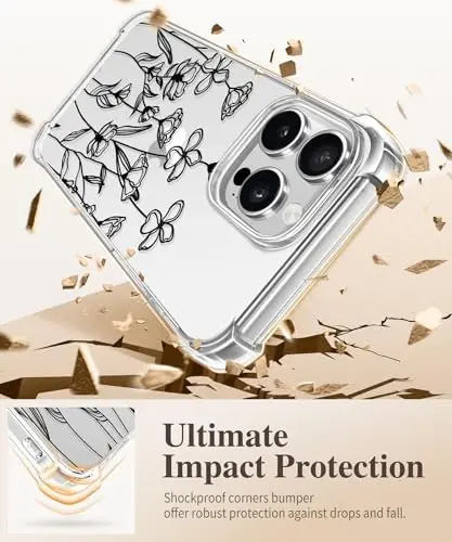 GVIEWIN для iPhone 16 Pro, с защитной пленкой и защитой объектива камеры, защита военного класса, прозрачный противоударный тонкий цветочный женский чехол для iPhone 16 Pro, Sketch/Black - 4