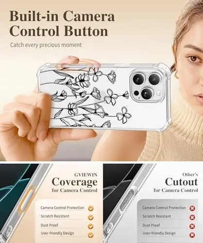 GVIEWIN для iPhone 16 Pro, с защитной пленкой и защитой объектива камеры, защита военного класса, прозрачный противоударный тонкий цветочный женский чехол для iPhone 16 Pro, Sketch/Black - 5
