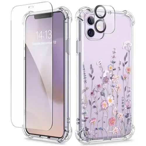 GVIEWIN for iPhone 11 Case Floral, Screen Protector & Camera Lens Protector | Non Yellowing, Soft Shockproof Clear Protective Phone Cover for Women, Flower Pattern Design 6.1
