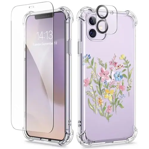 GVIEWIN for iPhone 11 Case Floral, with Screen Protector&Camera Lens Protector,[Non Yellowing] Soft Shockproof Clear Phone Protective Cover for Women, Flower Pattern Design 6.1