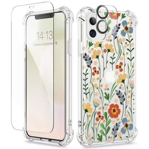 GVIEWIN for iPhone 11 Case Floral, with Screen Protector&Camera Lens Protector,[Non Yellowing] Soft Shockproof Clear Phone Protective Cover for Women, Flower Pattern Design 6.1