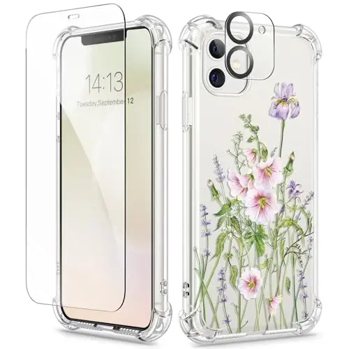 GVIEWIN for iPhone 11 Case Floral, with Screen Protector&Camera Lens Protector,[Non Yellowing] Soft Shockproof Clear Phone Protective Cover for Women, Flower Pattern Design 6.1
