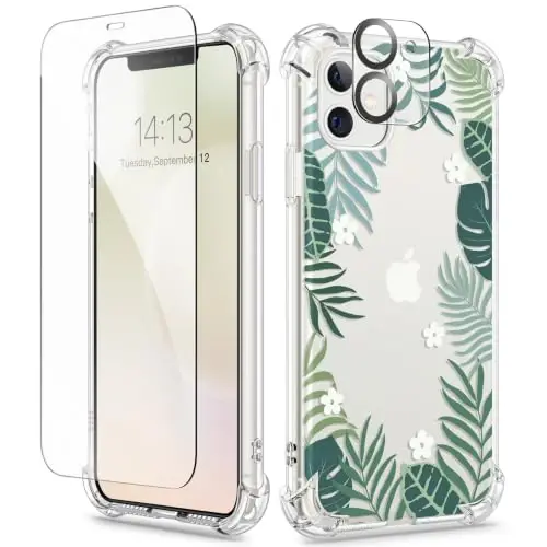 GVIEWIN for iPhone 11 Case Floral, with Screen Protector&Camera Lens Protector,[Non Yellowing] Soft Shockproof Clear Phone Protective Cover for Women, Flower Pattern Design 6.1