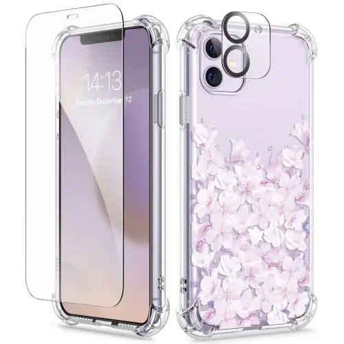 GVIEWIN for iPhone 11 Case Floral, with Screen Protector&Camera Lens Protector,[Non Yellowing] Soft Shockproof Clear Phone Protective Cover for Women, Flower Pattern Design 6.1