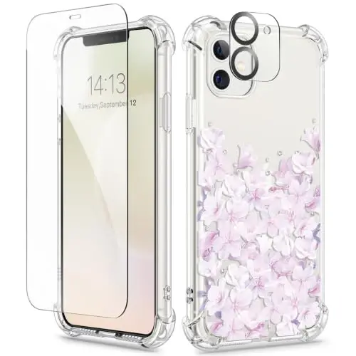 GVIEWIN for iPhone 11 Case Floral, with Screen Protector&Camera Lens Protector,[Non Yellowing] Soft Shockproof Clear Phone Protective Cover for Women, Flower Pattern Design 6.1